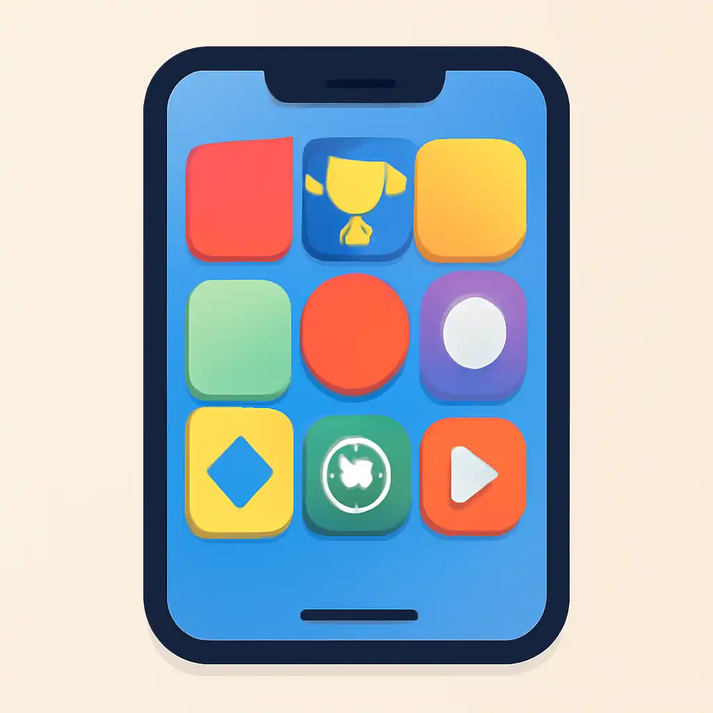 Smartphone shown from the front displaying a colourful flat layout of abstract game icons and rounded tiles, Junglee Rummy