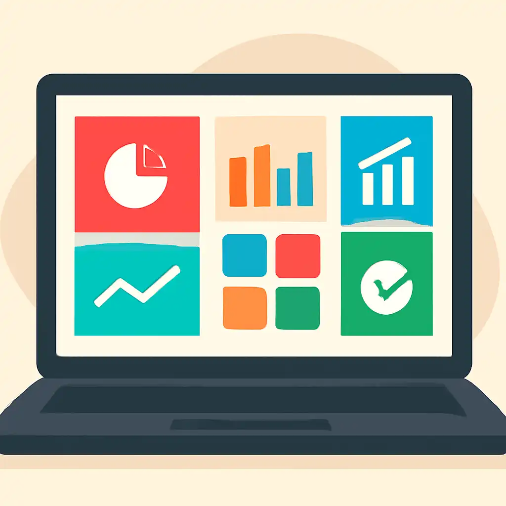 Laptop shown from the front displaying a colourful flat dashboard of abstract charts, bars and icon tiles, Junglee Rummy