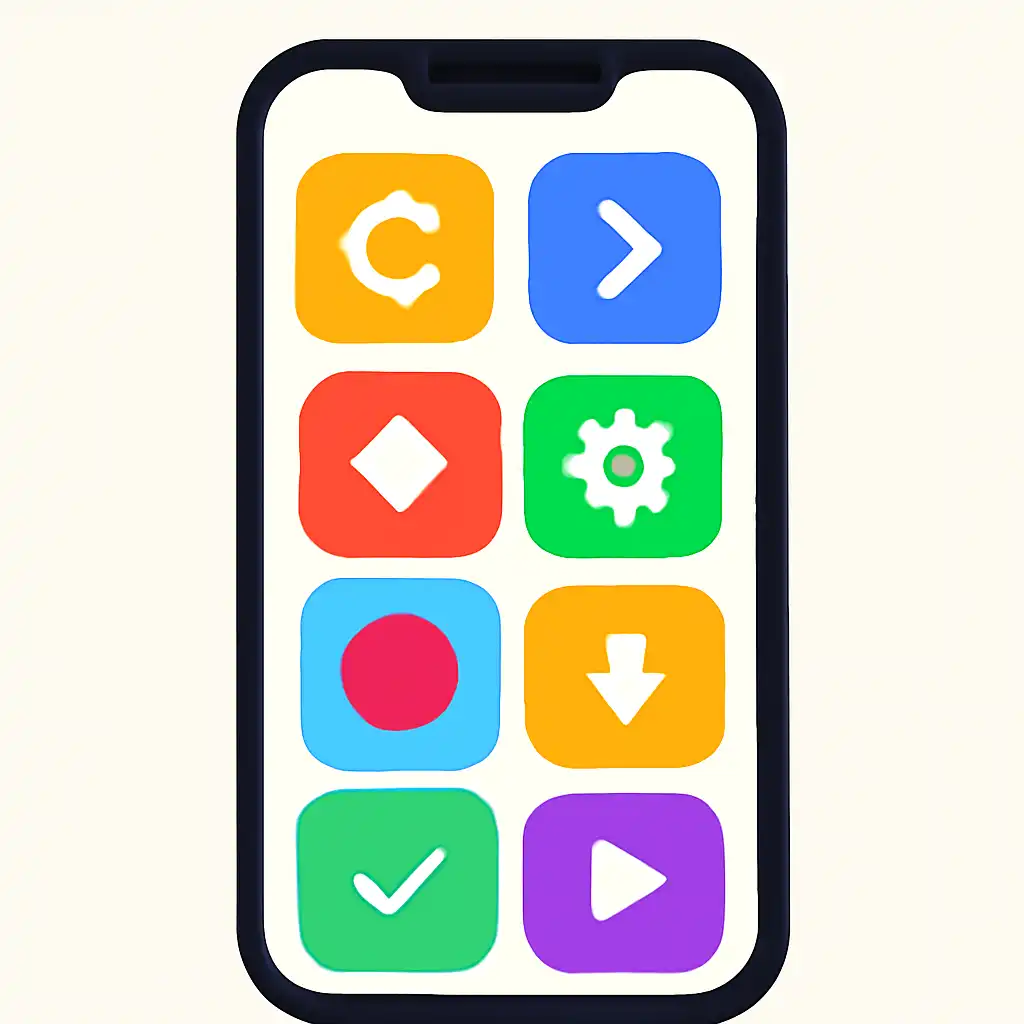 Smartphone shown from the front displaying a colourful flat layout of abstract game icons and rounded tiles, Junglee Rummy
