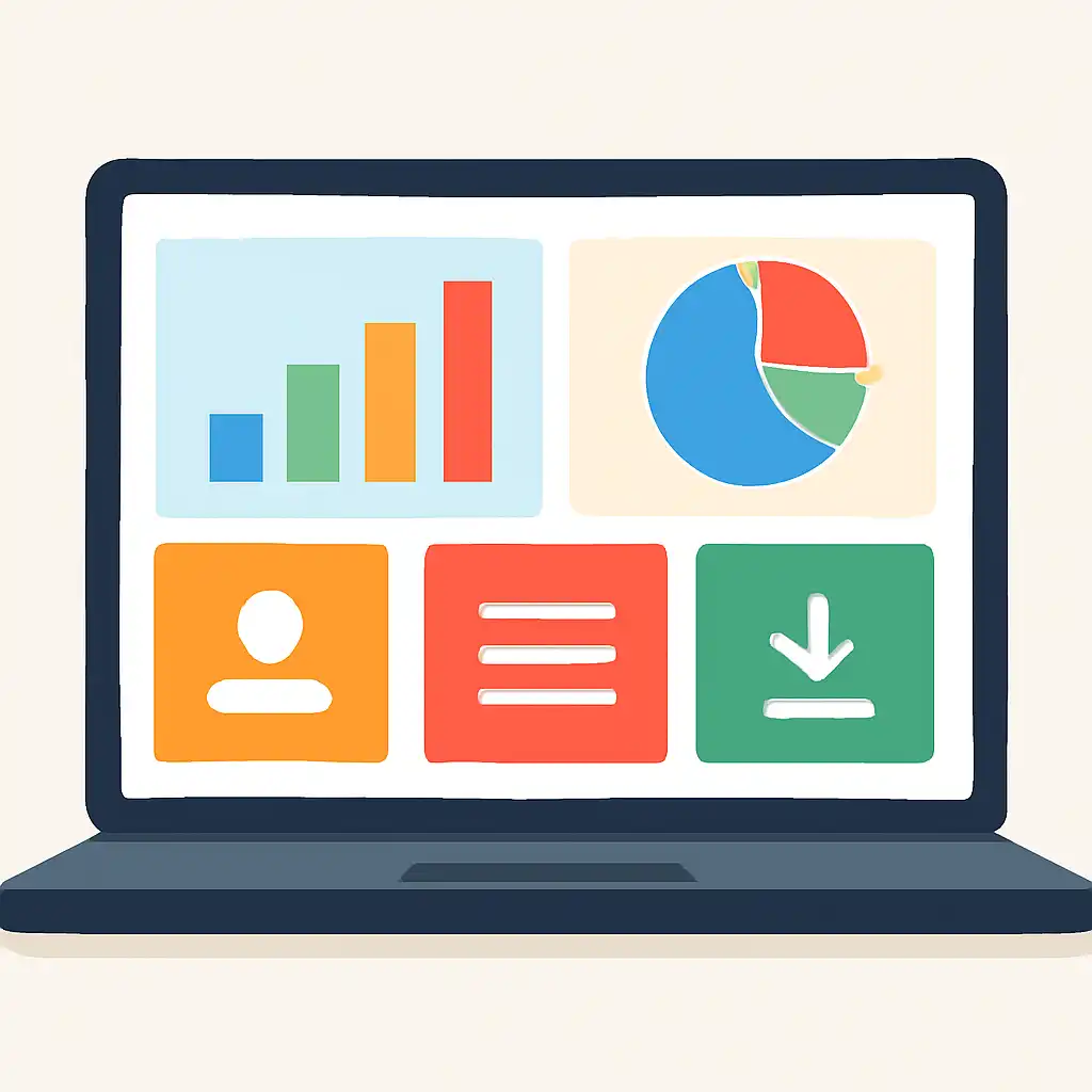 Laptop shown from the front displaying a colourful flat dashboard of abstract charts, bars and icon tiles, Junglee Rummy