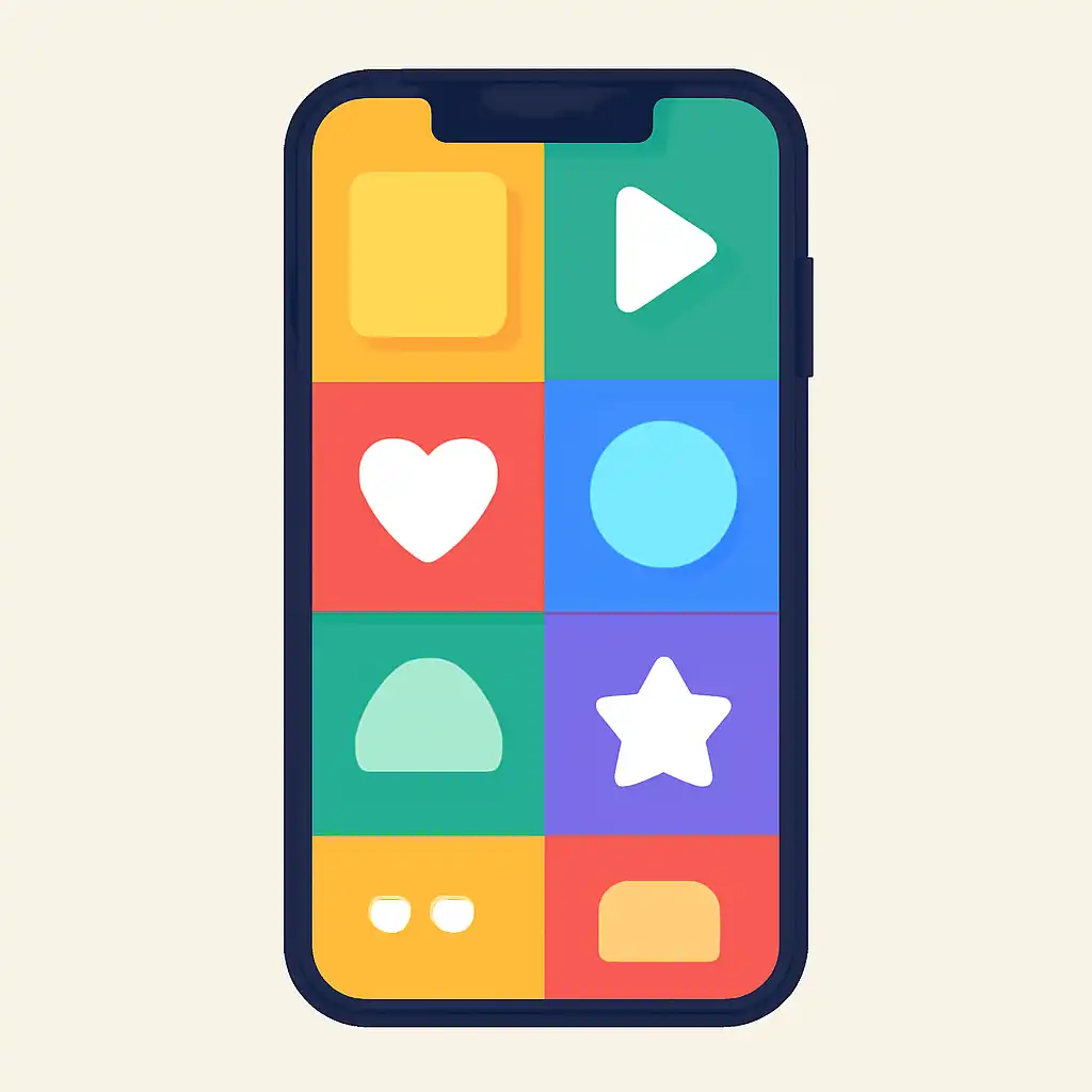 Smartphone shown from the front displaying a colourful flat layout of abstract game icons and rounded tiles, Junglee Rummy