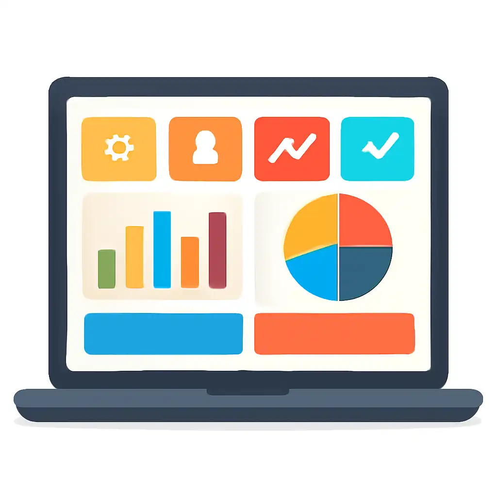 Laptop shown from the front displaying a colourful flat dashboard of abstract charts, bars and icon tiles, Junglee Rummy