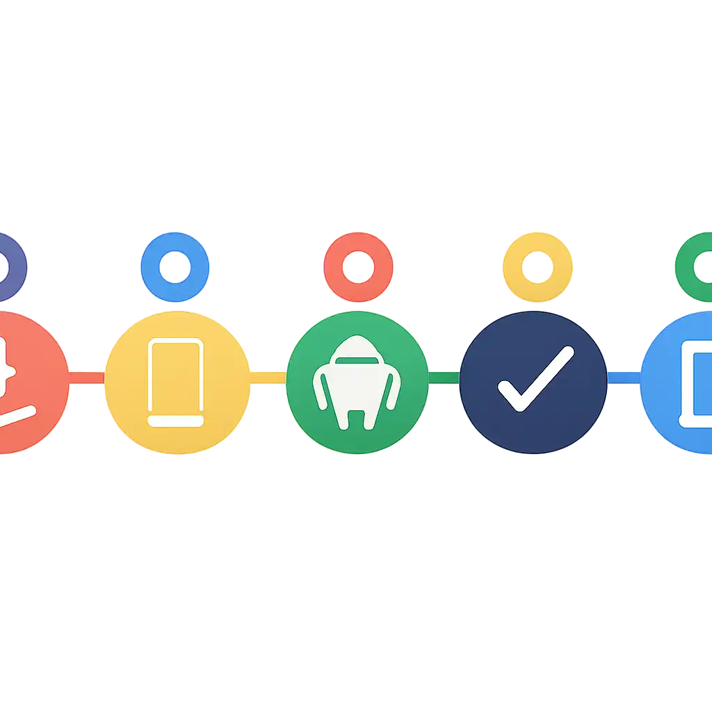 Five numbered circular icons connected by arrows in a horizontal flow, Junglee Rummy: Download and Install on Android steps