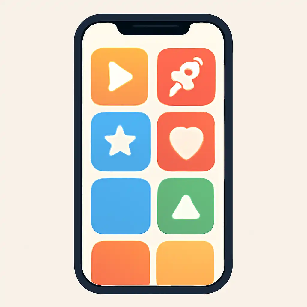 Smartphone shown from the front displaying a colourful flat layout of abstract game icons and rounded tiles, Junglee Rummy