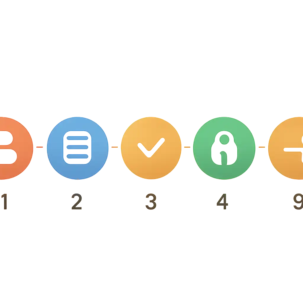 Five numbered circular icons connected by arrows in a horizontal flow, Junglee Rummy Registration and Login Steps steps