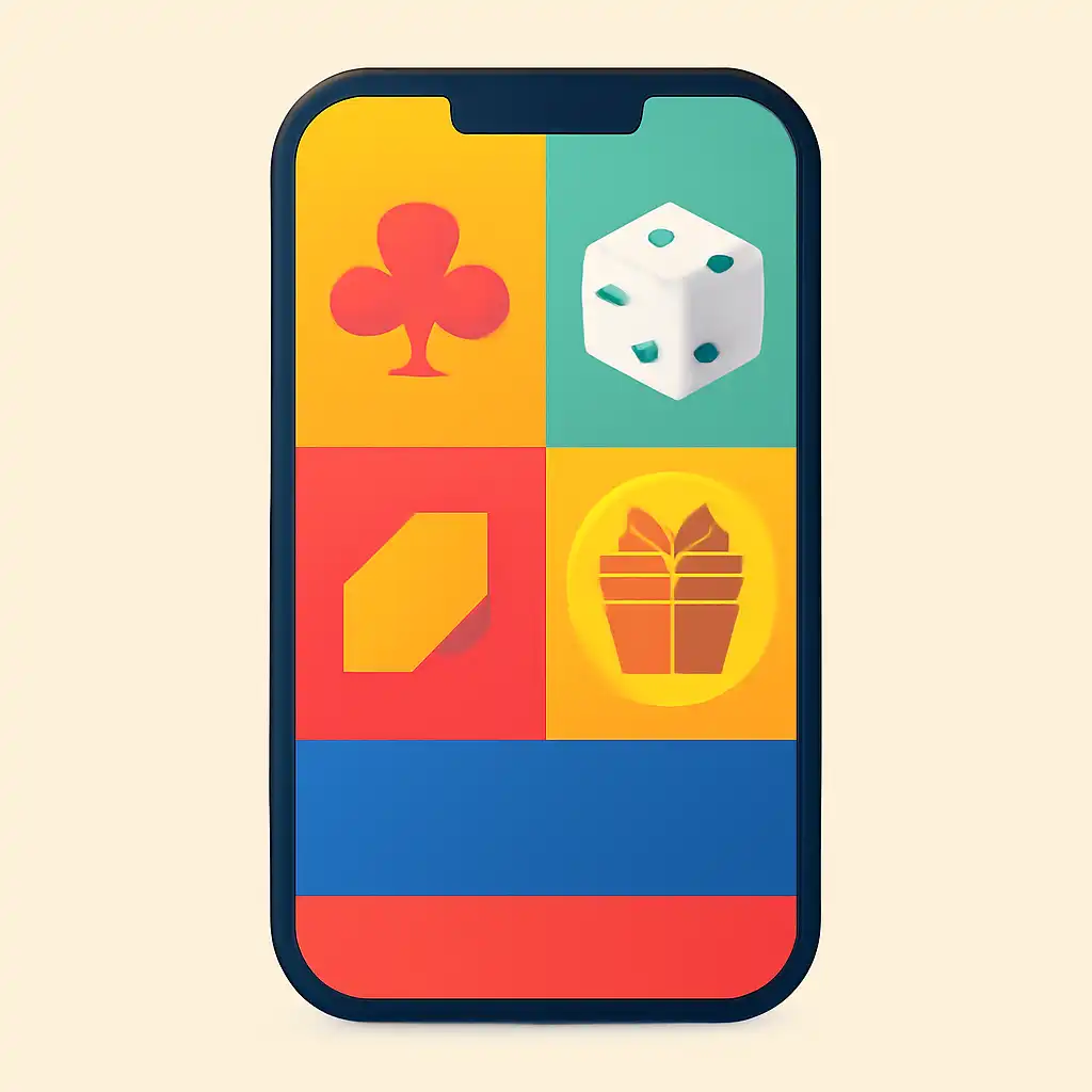 Smartphone shown from the front displaying a colourful flat layout of abstract game icons and rounded tiles, Junglee Rummy