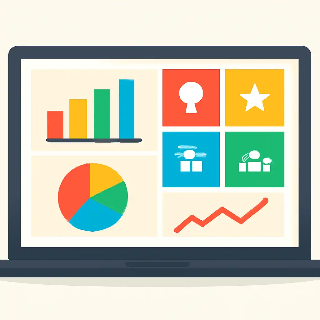 Laptop shown from the front displaying a colourful flat dashboard of abstract charts, bars and icon tiles, Junglee Rummy