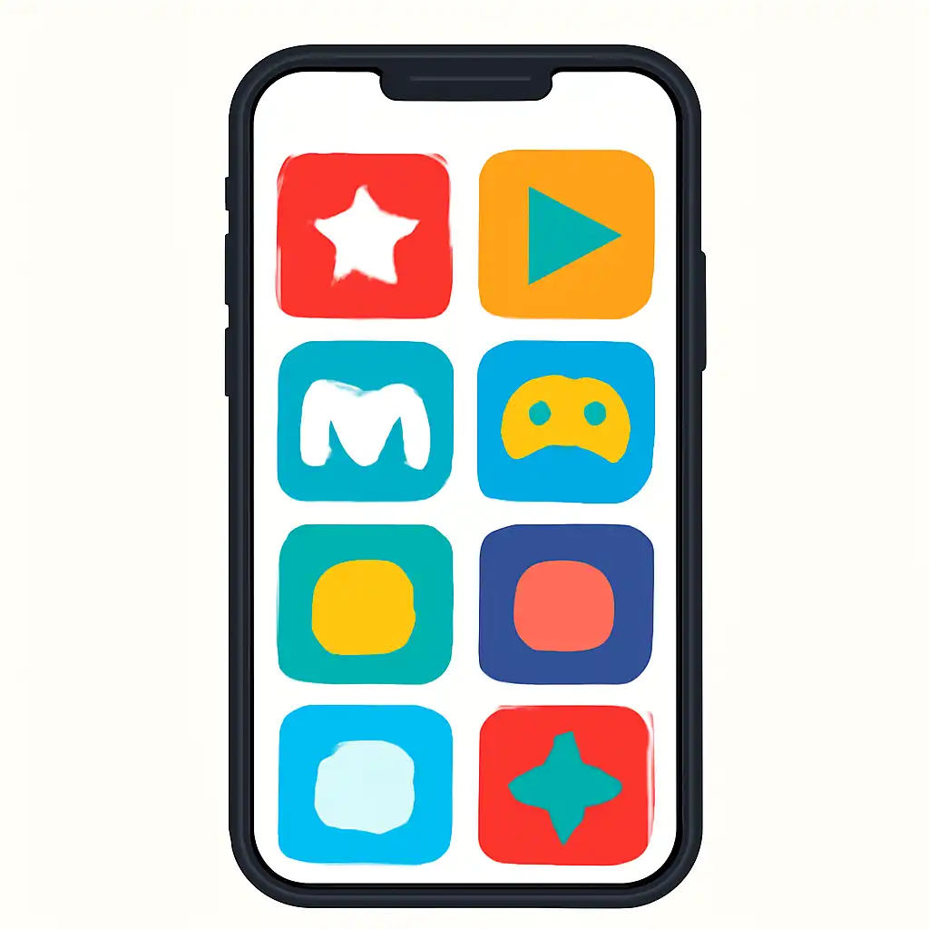 Smartphone shown from the front displaying a colourful flat layout of abstract game icons and rounded tiles, Is Junglee