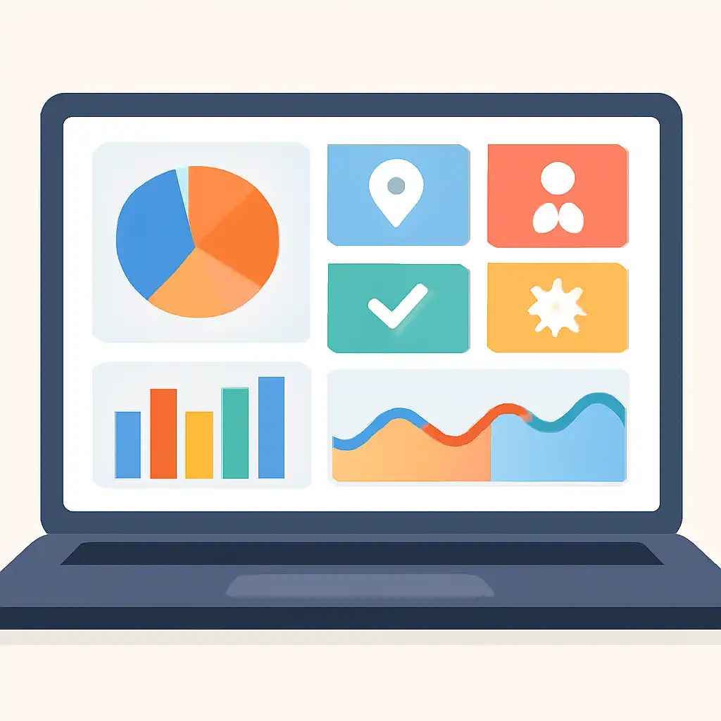 Laptop shown from the front displaying a colourful flat dashboard of abstract charts, bars and icon tiles, Is Junglee Rummy