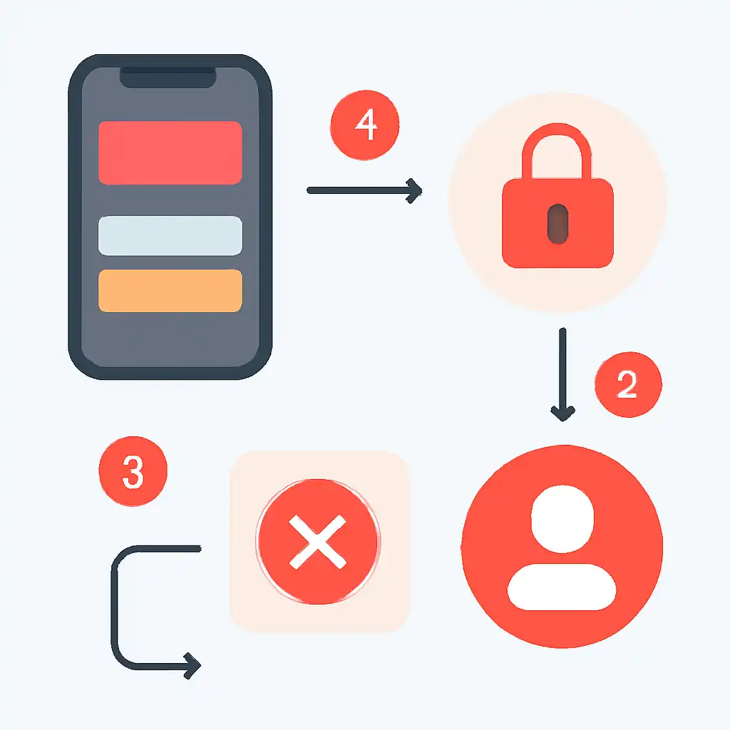 Annotated step diagram: account locked process with numbered callouts, Junglee Rummy