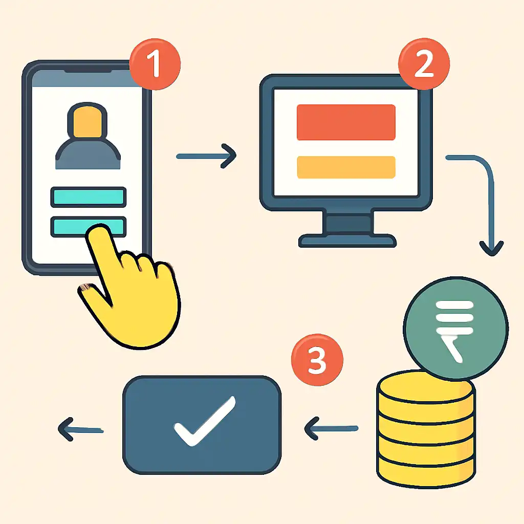 Annotated step diagram: minimum deposit process with numbered callouts, Junglee Rummy