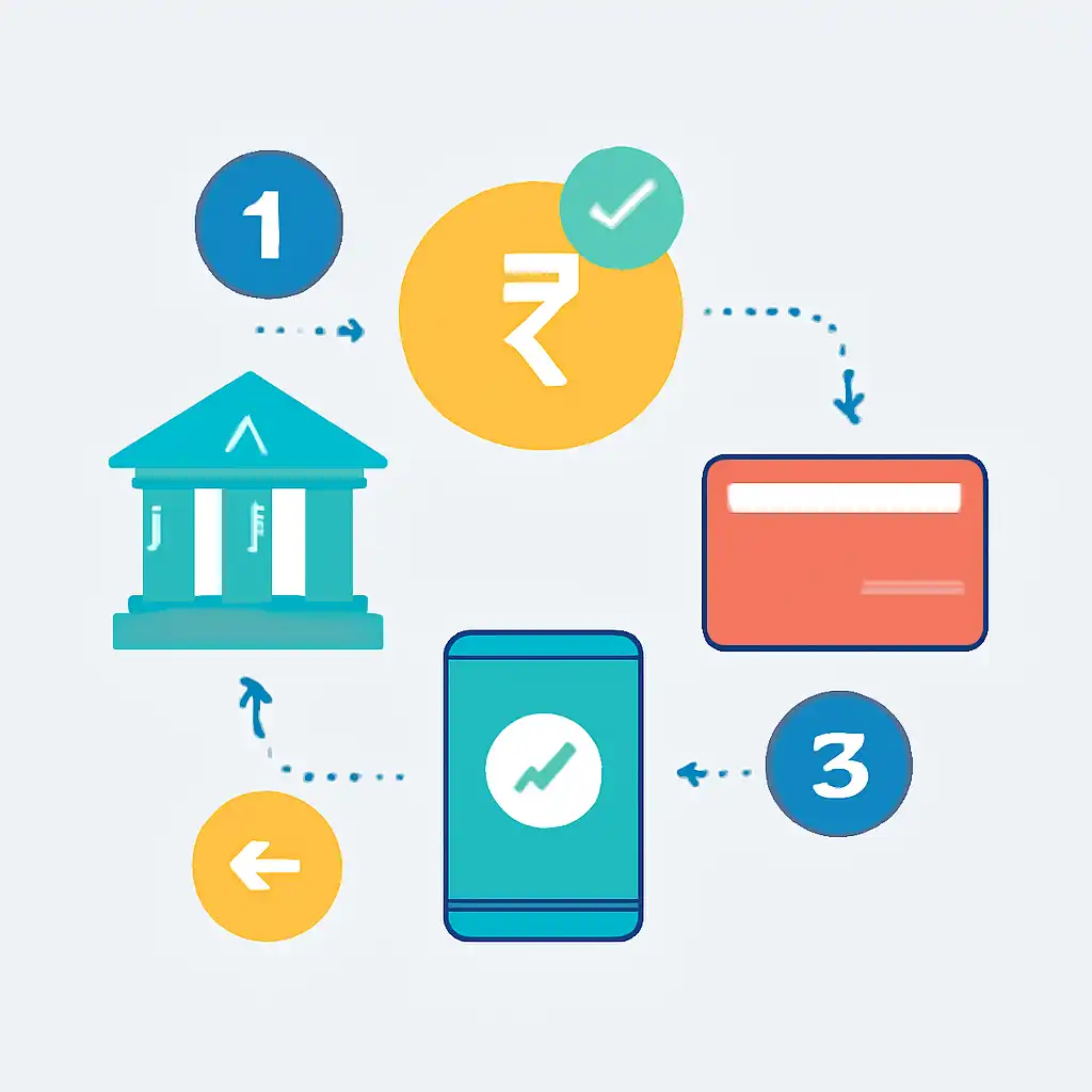 Annotated step diagram: bank transfer times process with numbered callouts, Junglee Rummy