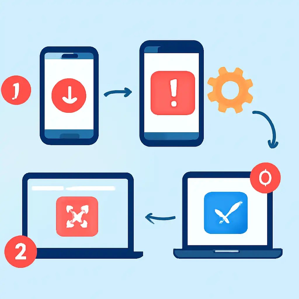 Annotated step diagram: app update problems process with numbered callouts, Junglee Rummy
