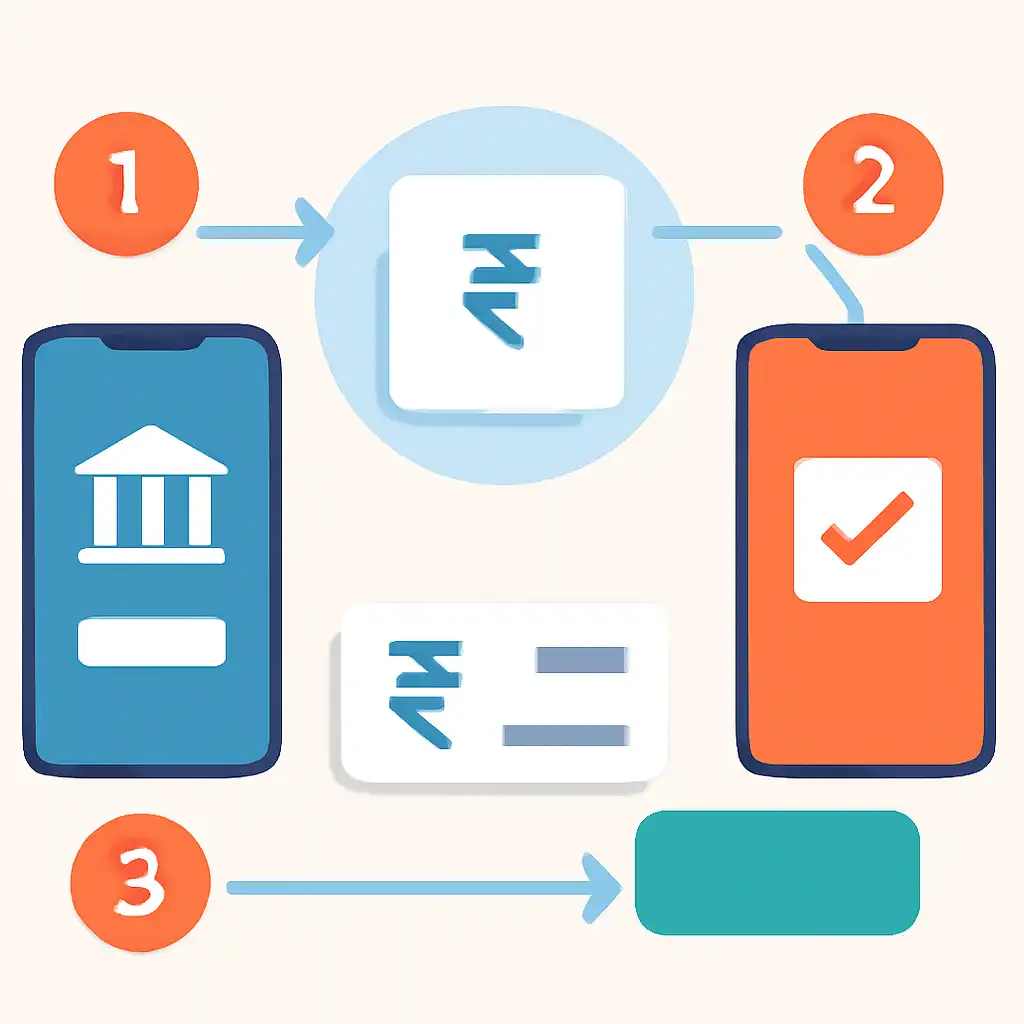 Annotated step diagram: upi deposits process with numbered callouts, Junglee Rummy