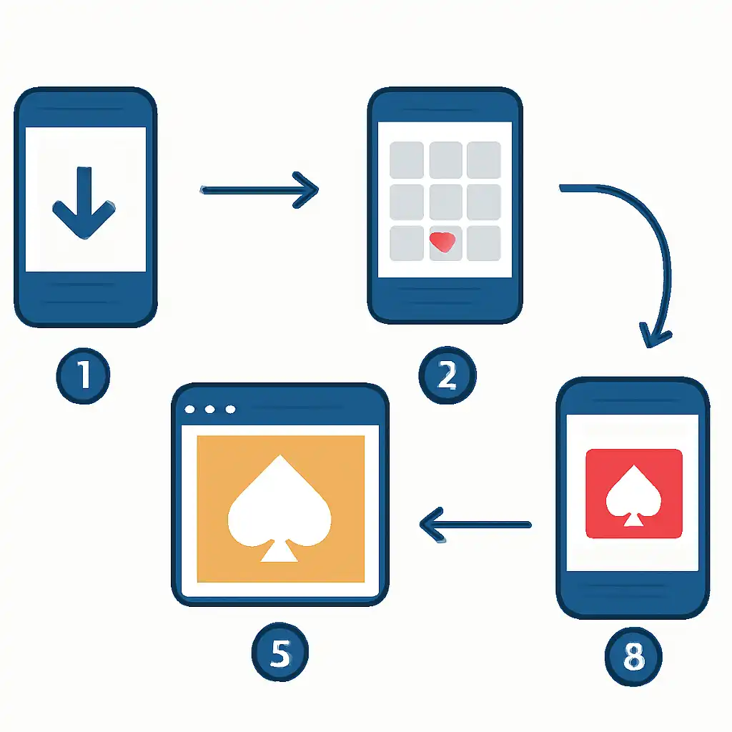 Annotated step diagram: ios app install process with numbered callouts, Junglee Rummy