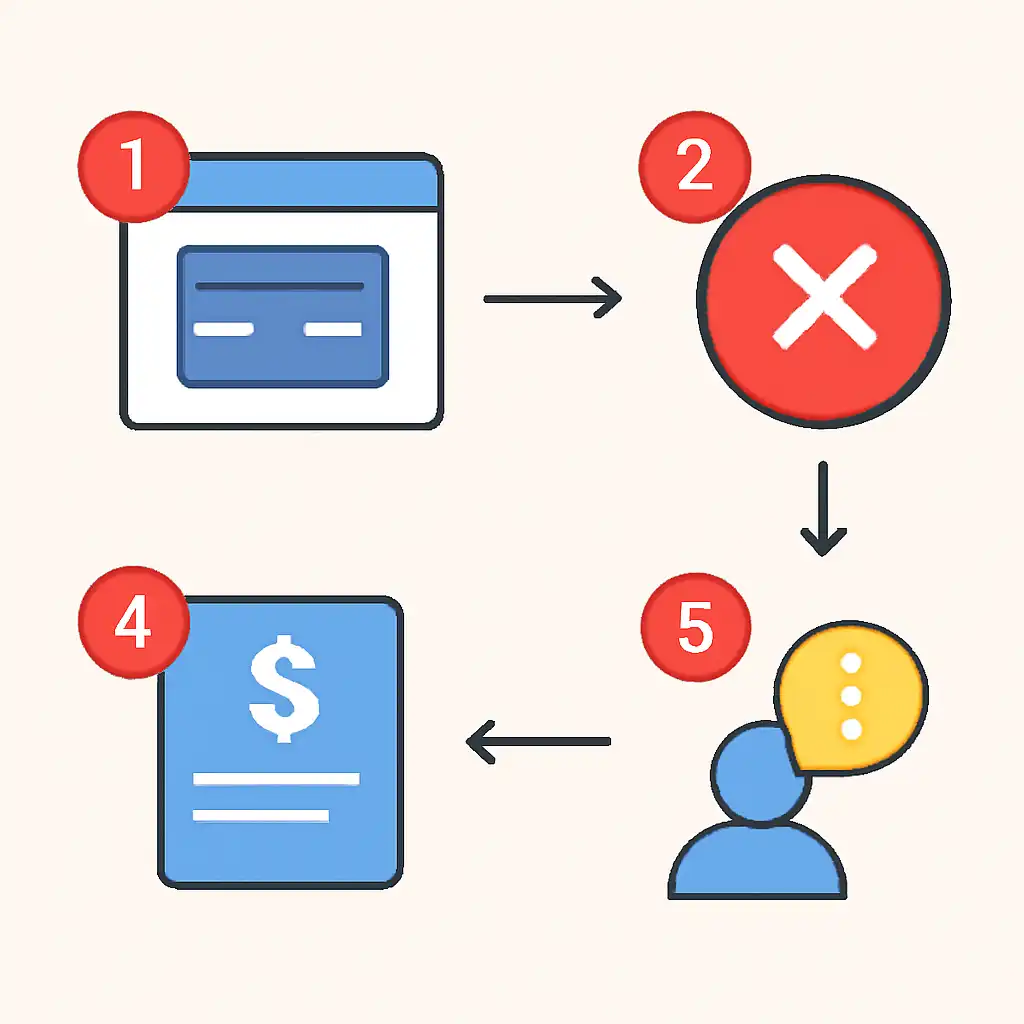 Annotated step diagram: failed transactions process with numbered callouts, Junglee Rummy